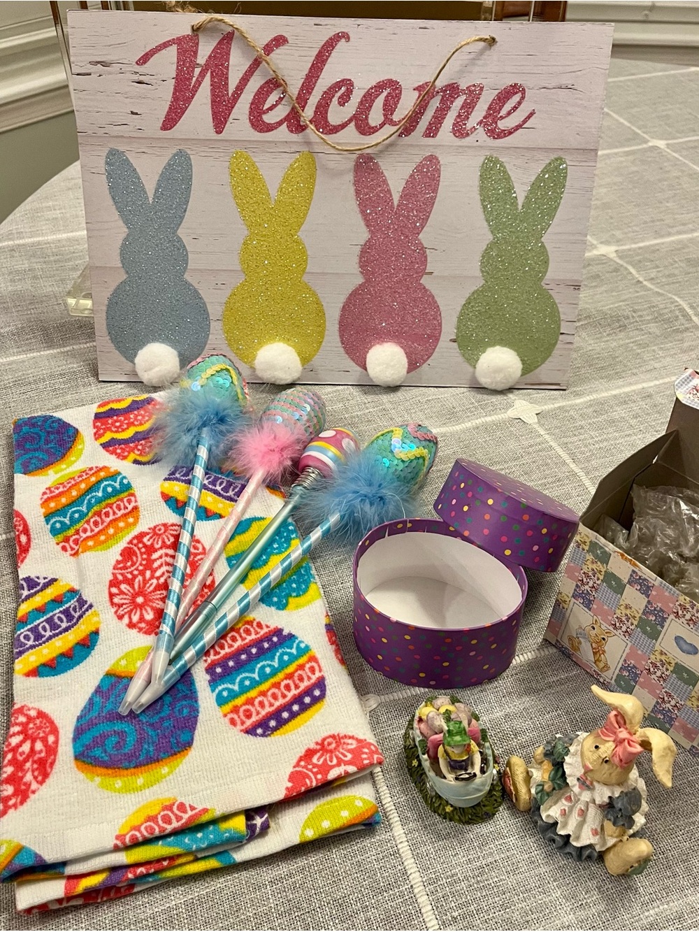 “Welcome” Bunny Wall Sign - Pastel Blue, Yellow, Pink, Green plus Assorted Decor
